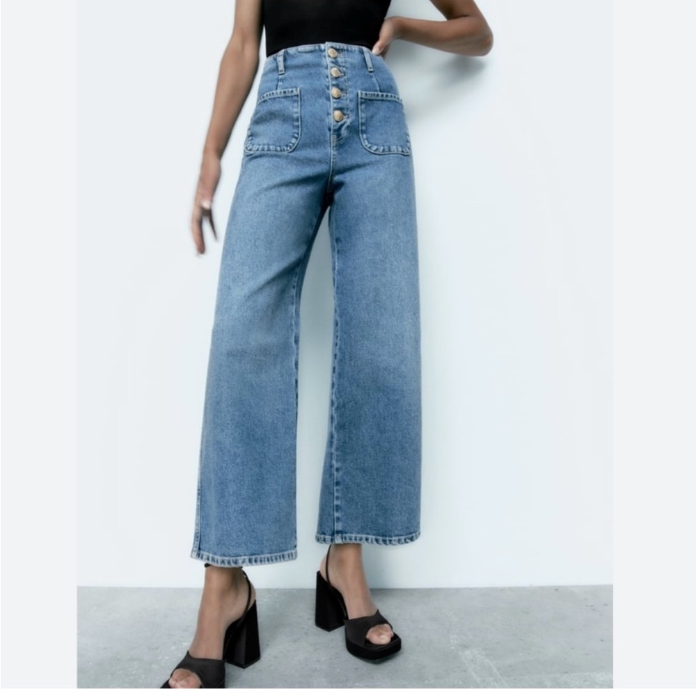 Classic Blue Wide-Leg Women's Jeans with Gold Buttons